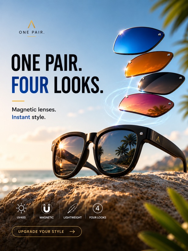 Eyewear ad creative: One Pair, Four Looks.